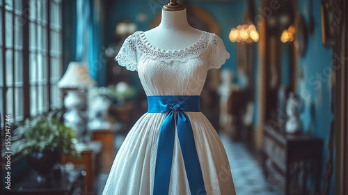 White dress with blue sash on mannequin in vintage room