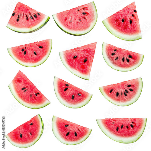 A collection of freshly sliced watermelon pieces showing juicy red flesh and black seeds isolated on transparent background