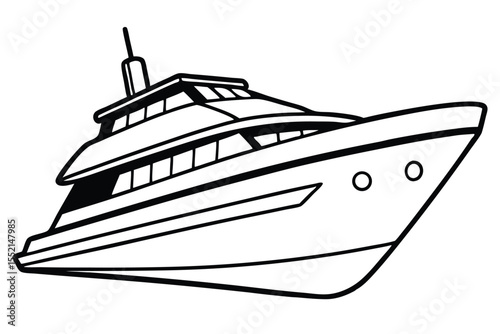 Outlined Illustration of a Luxurious MultiDeck Yacht with Antenna and Circular Accents on Bow