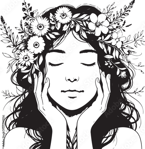 Black and white illustration of a woman with a flower crown, serene and peaceful