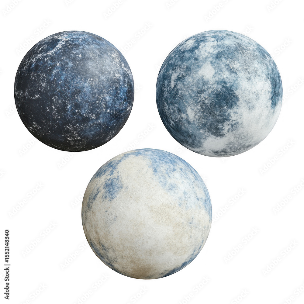 Obraz premium Three textured celestial spheres with blue and grey patterns isolated on transparent background