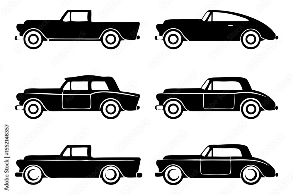 Fototapeta premium Classic Vehicle Silhouette: A collection of meticulously crafted monochrome silhouettes showcasing various classic vehicle designs.