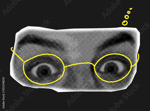 Halftone collage surprised human eyes with glasses doodles,modern collage element