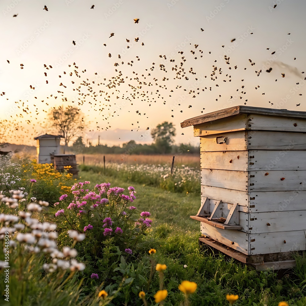 Naklejka premium Bees Swarming Around Hives at Sunset