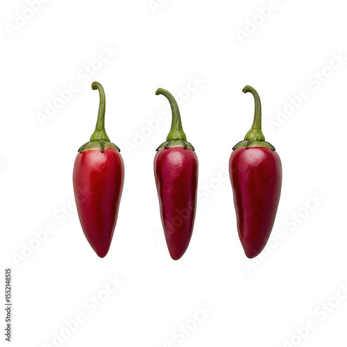 Three bright red jalape o peppers with green stems arranged in a row isolated on transparent background
