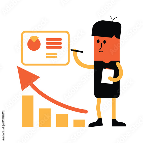 Flat vector illustration of a cartoon businessman presenting data analysis report with pie chart, bar graph, and upward arrow showing business growth and success