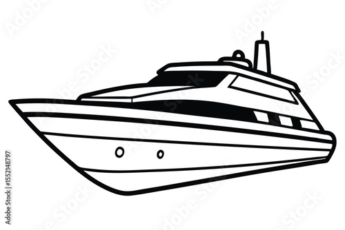 Black Outline of Luxury Yacht Illustration, Side View, Simple Marine Art