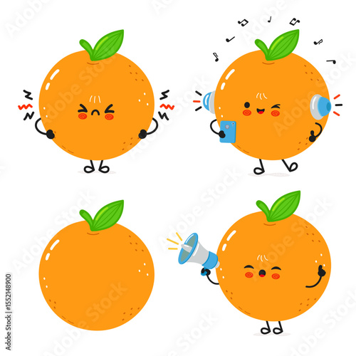 Adorable cartoon oranges displaying diverse emotions and activities on a white backdrop.