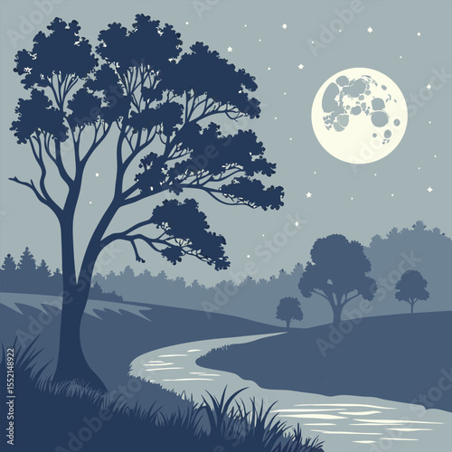 Nature scene with tree and fullmoon at night and Digital art moon and tree wallpaper