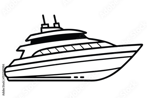 Line Drawing of a Sleek Private Motor Yacht, Black and White Image