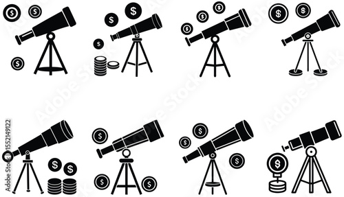 Black silhouette telescopes with dollar coins and stacks of coins tripod money