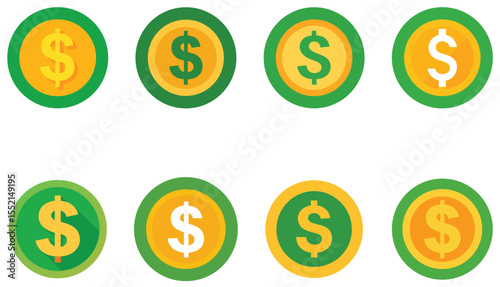 Eight flat design dollar coins with green and yellow colors money currency
