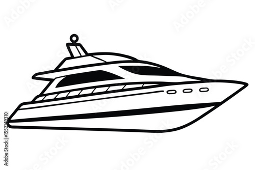 Detailed black outline illustration of a luxury yacht sailing on a voyage