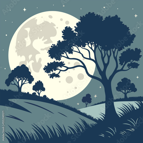 Nature scene with tree and fullmoon at night and Digital art moon and tree wallpaper
