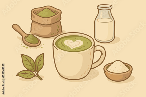 Vintage style illustration of matcha green tea latte recipe. Vector set of ingredients: powder, milk, sugar, leaves. Hot Japanese beverage in a mug with heart latte art. Cafe concept.