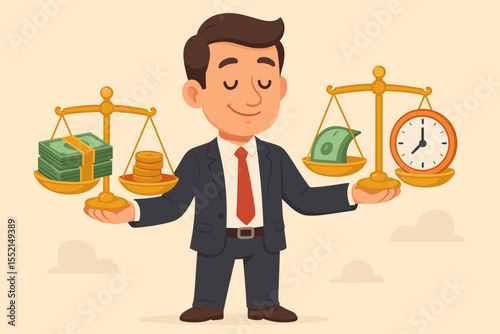 Businessman balancing time and money on scales. Work-life balance concept. Time is money metaphor. Financial management, time management, investment, salary, and value comparison.