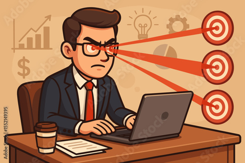 Laser focus concept with a determined businessman hitting multiple targets with eye beams. A business metaphor for ambition, productivity, goal setting, strategy, and success.