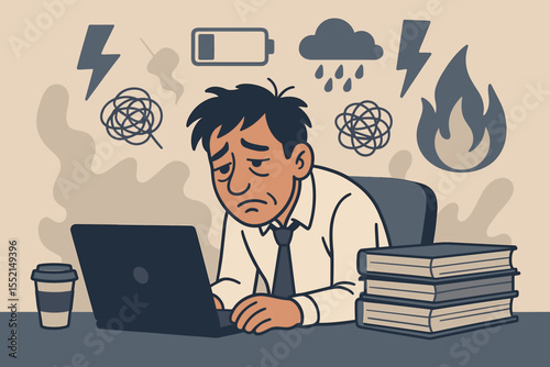 Burnout at work concept. Tired and exhausted office worker feeling professional stress and overload. Sad employee with low energy, anxiety, and fatigue sitting at his desk with laptop.