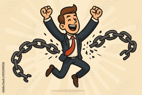 Financial freedom metaphor. Successful businessman breaking metal chain. Concept of escaping debt, overcoming problems, liberty and success. Happy cartoon character vector illustration.