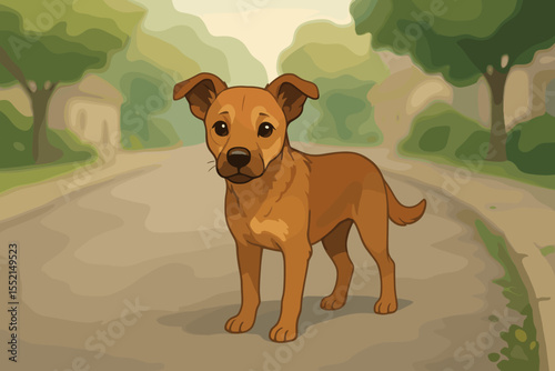 Sad stray dog standing alone on a quiet street. Vector cartoon illustration of a homeless brown puppy. Concept for animal shelter, pet adoption, abandonment, and lost pets. Cute.