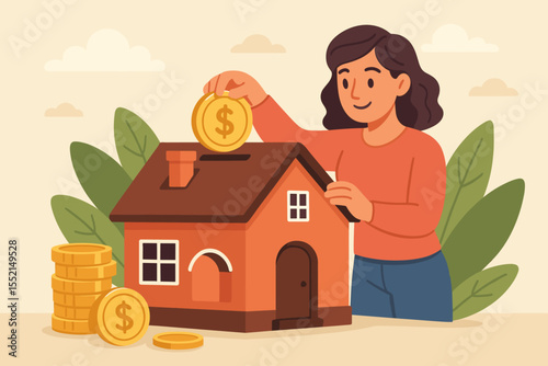 Woman saving money to buy a house, putting a coin in a home-shaped piggy bank. Concept for real estate investment, mortgage, homeownership, financial goals, and wealth.