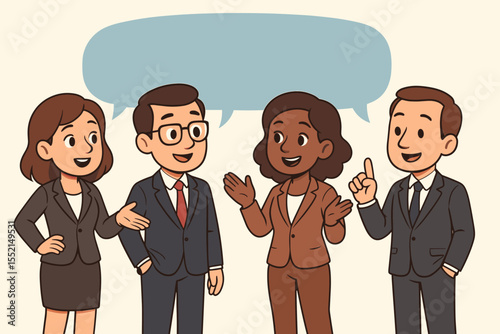 Diverse group of cartoon business people talking and brainstorming. Teamwork and collaboration concept with colleagues sharing ideas in a speech bubble. Corporate meeting vector.