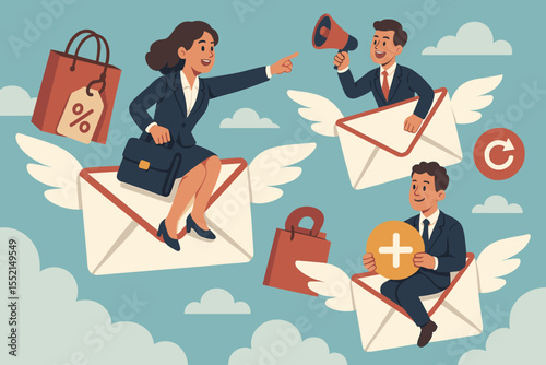 Email marketing campaign concept with business team flying on winged envelopes. Digital communication, newsletter promotion, subscription, online sales and customer outreach vector.