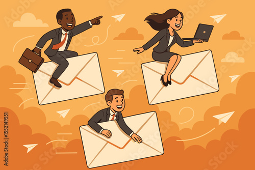 Email marketing concept with a diverse business team flying on email envelopes. A metaphor for a successful newsletter campaign, digital outreach, promotion, and fast communication.