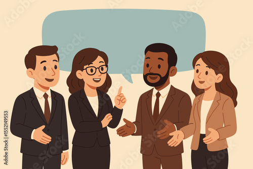 Diverse business team communication concept. Group of colleagues discussing project ideas together. Teamwork and collaboration illustration with blank speech bubble for text.