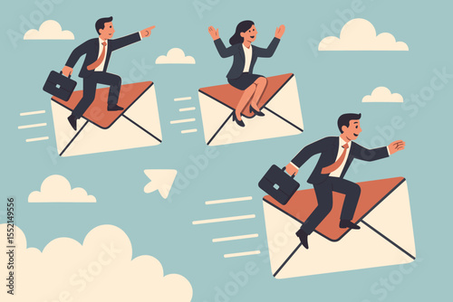 Email marketing concept with business team flying on mail envelopes. Metaphor for fast digital communication, newsletter delivery, corporate promotion, and subscription campaign.