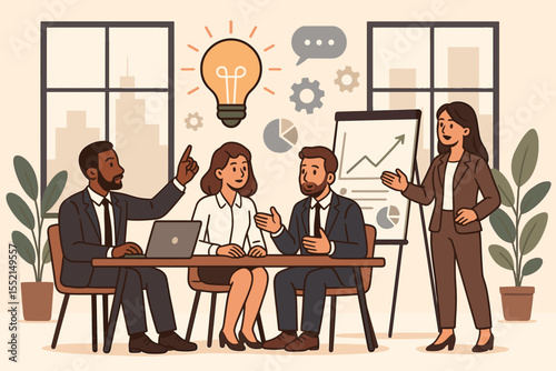 Diverse business team brainstorming innovative ideas in a modern office meeting. People collaborating on strategic planning, data analysis, and company growth. Vector cartoon illustration.
