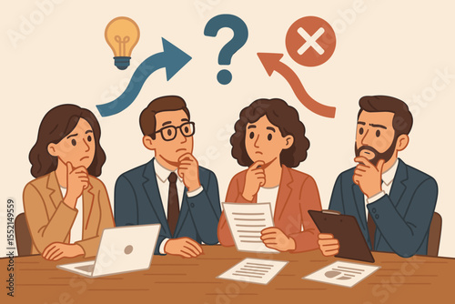 Business team making a difficult decision. Colleagues brainstorming in a meeting, evaluating options and alternatives. Problem-solving concept with idea, question, and failure icons.