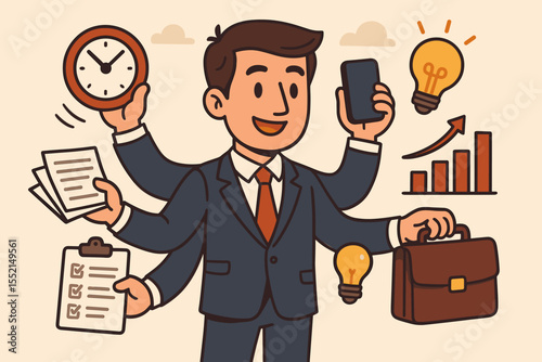 Multitasking businessman concept. Productive manager with many hands juggling tasks. Time management, efficiency and responsibility. Business skills for corporate success. Vector cartoon.