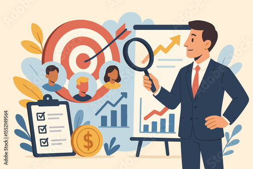 Businessman analyzing target audience for marketing strategy development. Concept of consumer behavior research, business goal setting, and market segmentation for company growth.