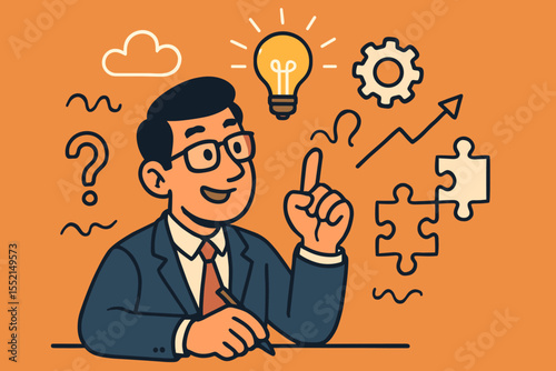 Businessman brainstorming creative idea. Problem solving concept with thinking process icons like lightbulb, puzzle, gear. Innovation, strategy, and business growth. Vector illustration.