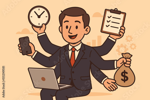 Businessman with many arms multitasking. Concept of productivity, time management, and juggling responsibilities. Skilled manager handling multiple tasks: time, money, laptop, list.