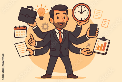 Multitasking businessman juggling tasks with many arms. Concept of productivity, efficiency, and time management. Skilled manager balancing corporate workload. Vector cartoon illustration.