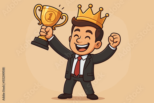 Successful cartoon businessman celebrating with a number one trophy and crown. Vector illustration of a winner showing leadership and career achievement. Happy employee gets an award.