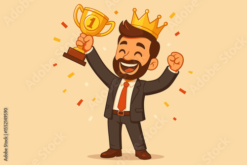 Happy businessman in crown celebrating victory. Cartoon character holding gold trophy cup. Concept of career success, first place achievement, being number one, and leadership. Vector.