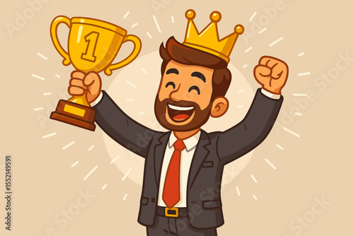 Happy businessman celebrating success holding a first place trophy. Cartoon character with a crown symbolizing victory, achievement, and leadership. Best employee award concept vector.