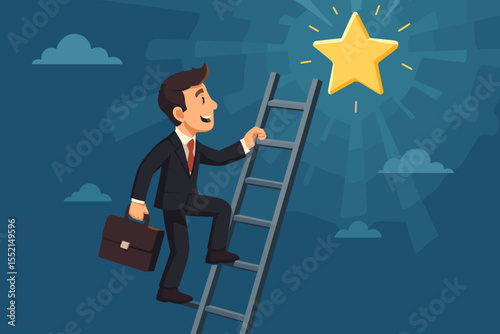 Businessman climbing ladder of success towards a shining star. Business concept of career growth, motivation, ambition, and reaching for goals. Professional achievement metaphor vector.