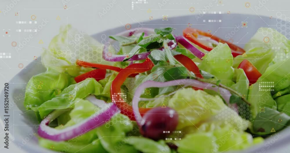After one second, data graphics fading in and animating across salad plate, highlighting nutrients