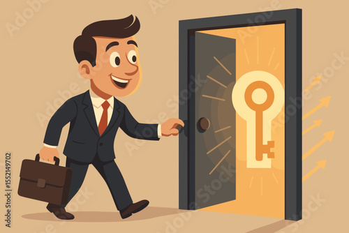 Businessman opening a door, discovering the key to success. Metaphor for new business opportunities, growth, career path, and finding the solution. Cartoon vector illustration.