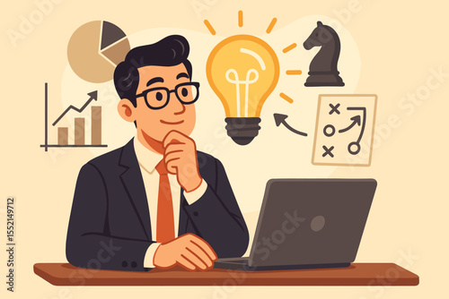 Businessman brainstorming a business strategy concept. Entrepreneur at desk with laptop planning for startup success with lightbulb idea, growth chart, and strategic thinking icons.