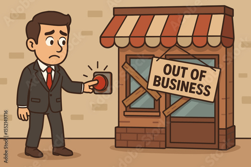 Businessman closing bankrupt shop. Sad owner pressing red button. Concept of business failure, store closure, financial crisis, and unemployment. Out of Business sign cartoon vector.