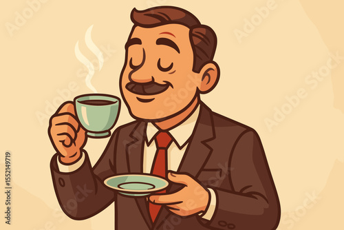 Businessman savoring a coffee break. Retro cartoon character with a mustache enjoying a hot drink. Satisfied office worker relaxing with a cup of tea. Vintage vector illustration.