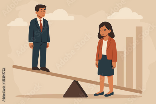 Gender pay gap and inequality concept. Businessman and businesswoman on an unequal balance scale. Metaphor for the social issue of discrimination, sexism, and disparity in the corporate world.