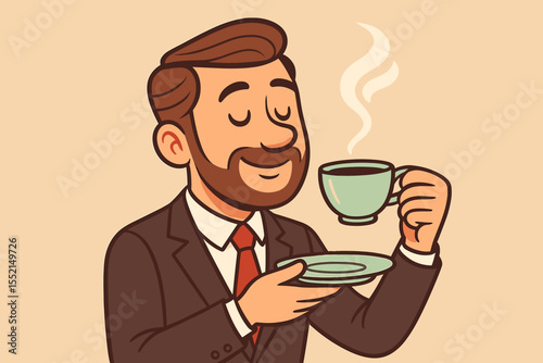 Happy businessman enjoying hot coffee break with vintage pastel cup and saucer. Relaxing bearded man in suit drinking tea, aroma, steam. Cartoon vector illustration.