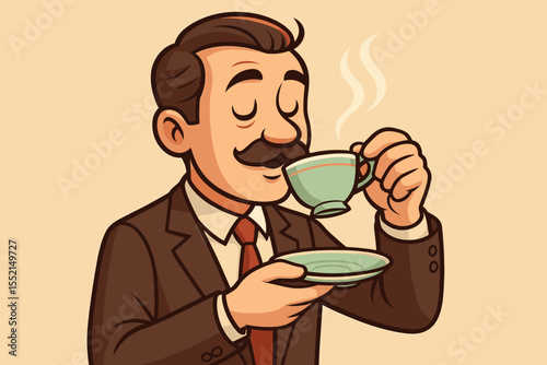 Retro cartoon businessman with mustache enjoying a coffee break. Man in suit savoring hot drink from a vintage cup. Vector illustration of a gentleman relaxing with tea or coffee.