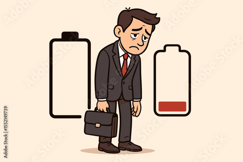 Tired businessman with a drained battery icon. Metaphor for professional burnout, chronic fatigue, and exhaustion. Concept for overwork, low energy, stress, and mental health. Vector.